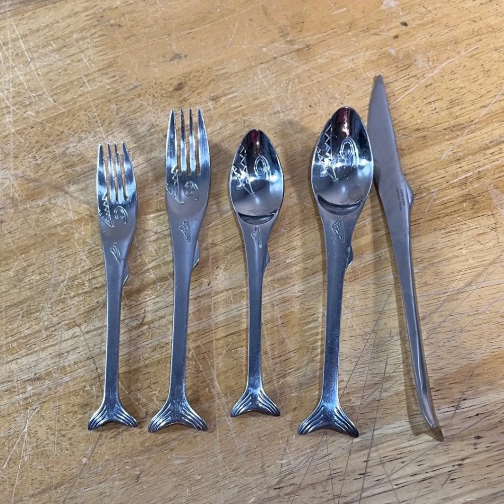 Galleyware Fish Stix Flatware Set 5pc Silver Vtg Coastal Nautical Stainless